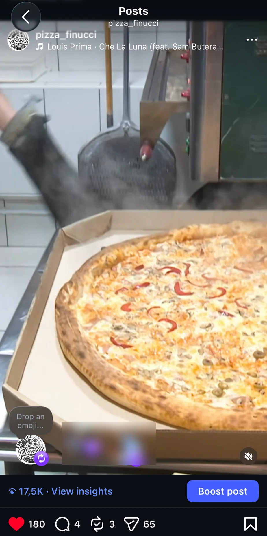 Objava na Instagram nalogu Finucci pizza — 17.500 pregleda, 180 lajkova.